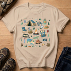 Camping Gear Graphic T‑Shirt — Outdoor Camping Icons Tee (tent, campfire, lantern)