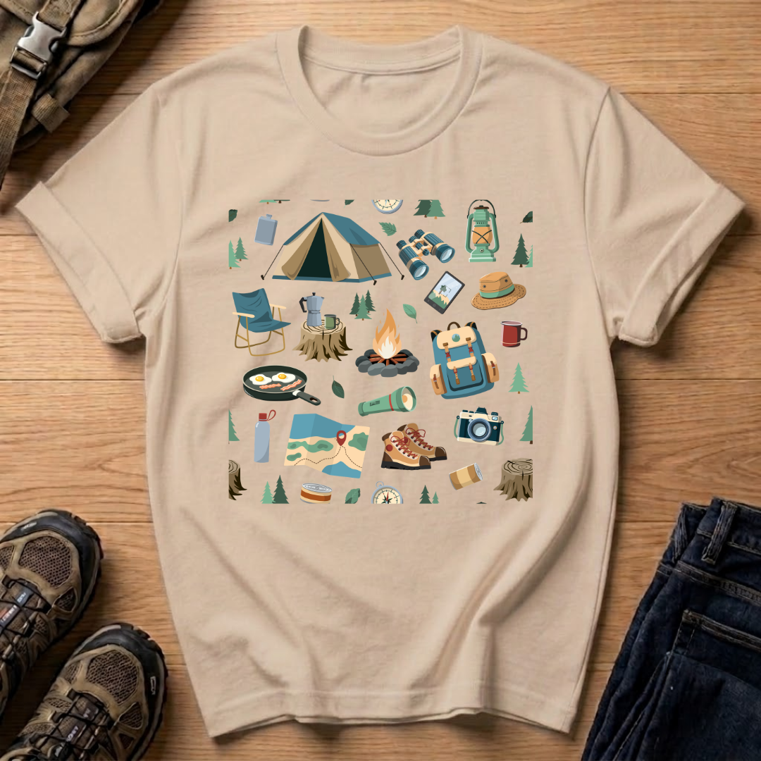 Camping Gear Graphic T‑Shirt — Outdoor Camping Icons Tee (tent, campfire, lantern)