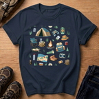Camping Gear Graphic T‑Shirt — Outdoor Camping Icons Tee (tent, campfire, lantern)