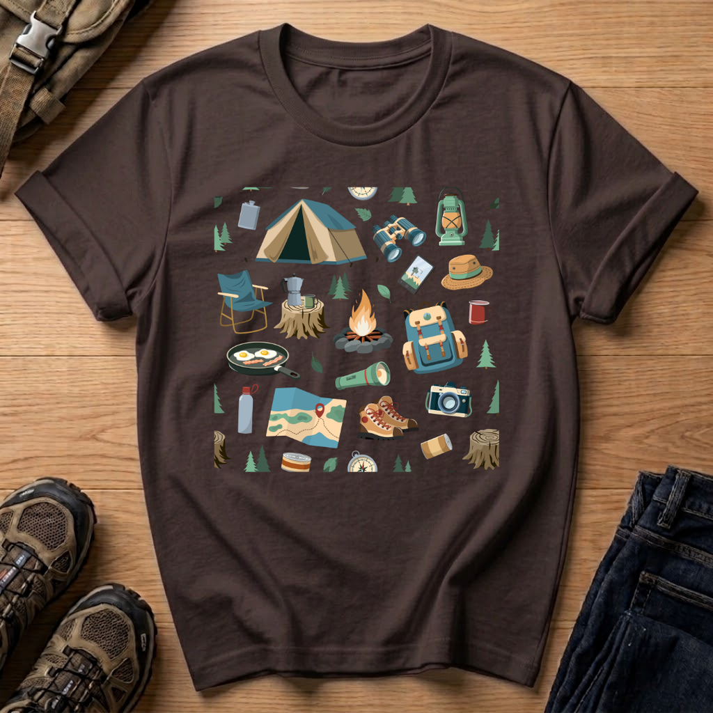 Camping Gear Graphic T‑Shirt — Outdoor Camping Icons Tee (tent, campfire, lantern)