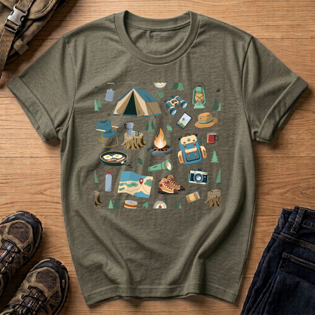 Camping Gear Graphic T‑Shirt — Outdoor Camping Icons Tee (tent, campfire, lantern)