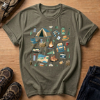 Camping Gear Graphic T‑Shirt — Outdoor Camping Icons Tee (tent, campfire, lantern)