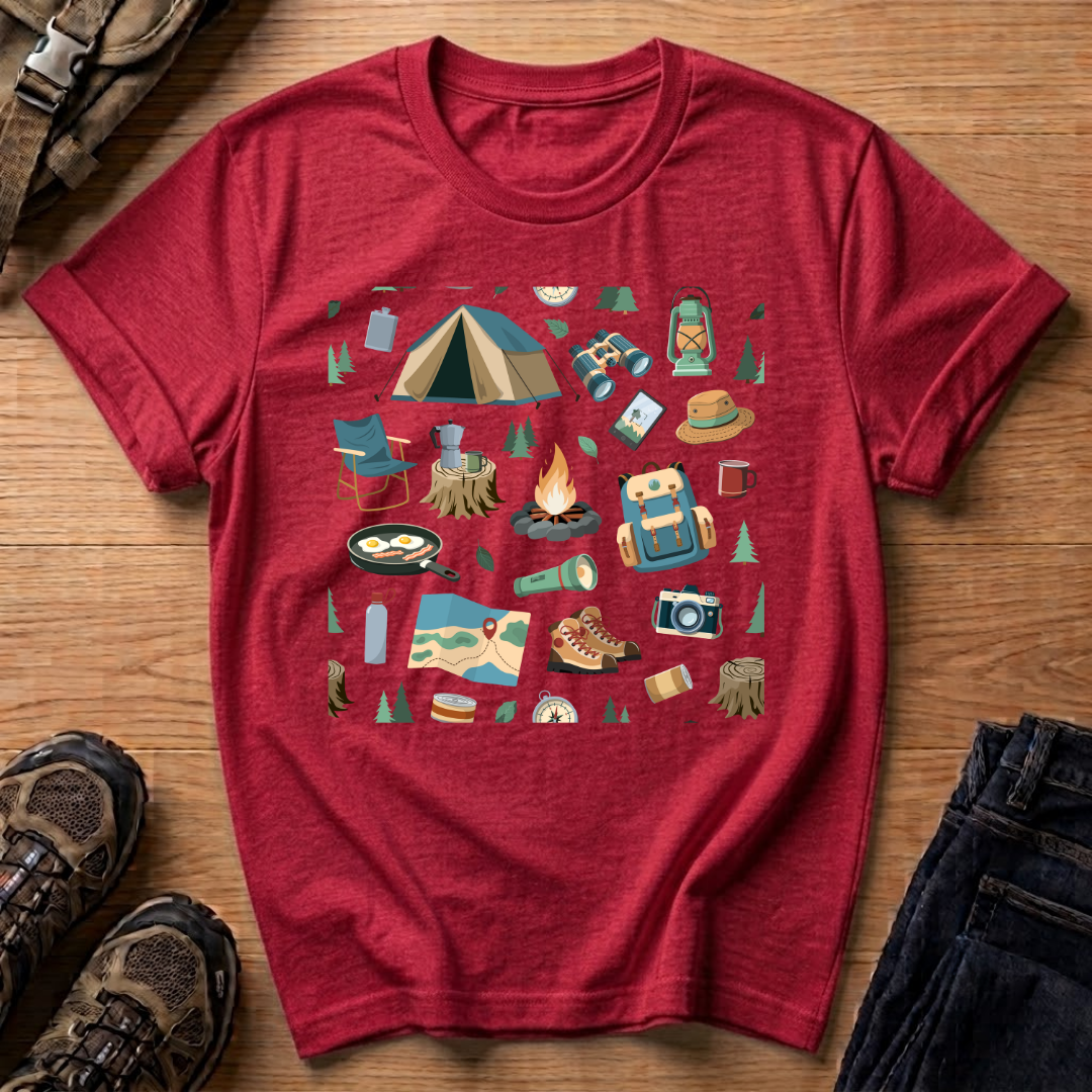 Camping Gear Graphic T‑Shirt — Outdoor Camping Icons Tee (tent, campfire, lantern)