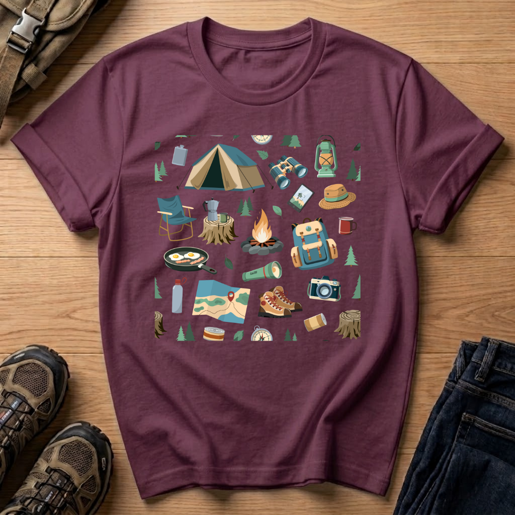 Camping Gear Graphic T‑Shirt — Outdoor Camping Icons Tee (tent, campfire, lantern)