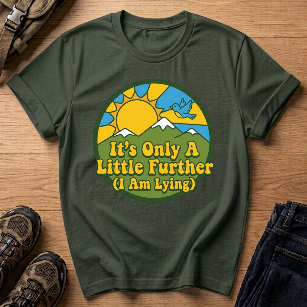 T-Shirt — Retro Nature Graphic “It’s Only A Little Further (I Am Lying)”