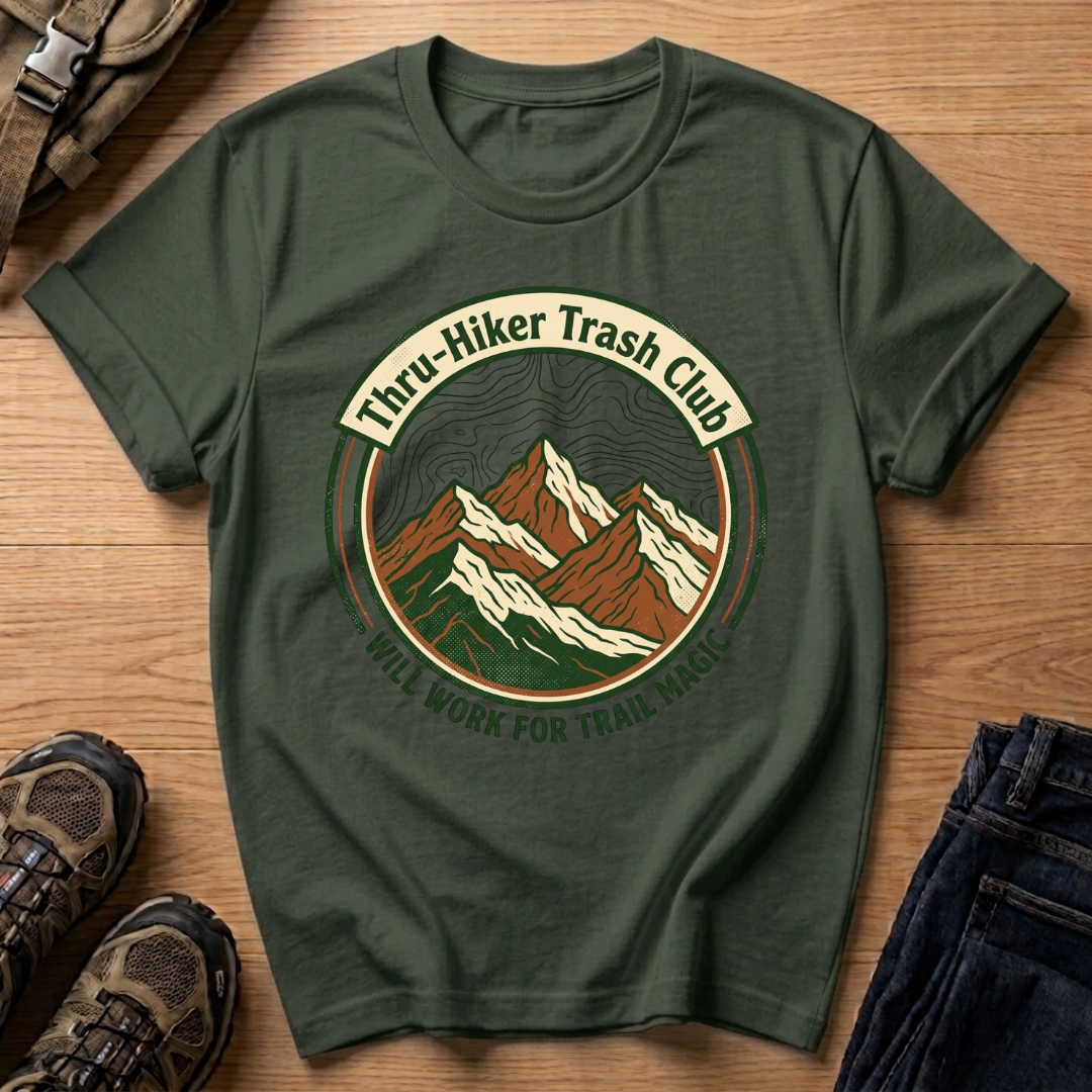 Thru‑Hiker Trash Club T-Shirt — 'Will Work for Trail Magic' Hiking Tee