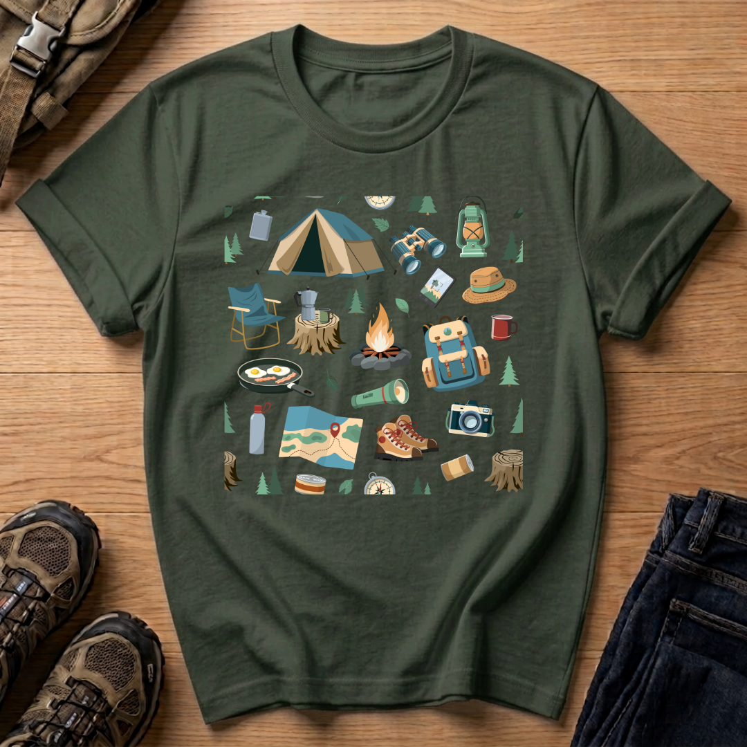 Camping Gear Graphic T‑Shirt — Outdoor Camping Icons Tee (tent, campfire, lantern)