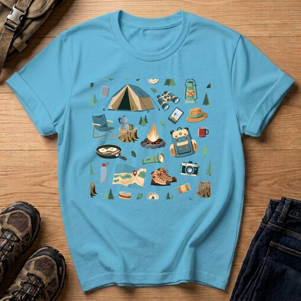 Camping Gear Graphic T‑Shirt — Outdoor Camping Icons Tee (tent, campfire, lantern)