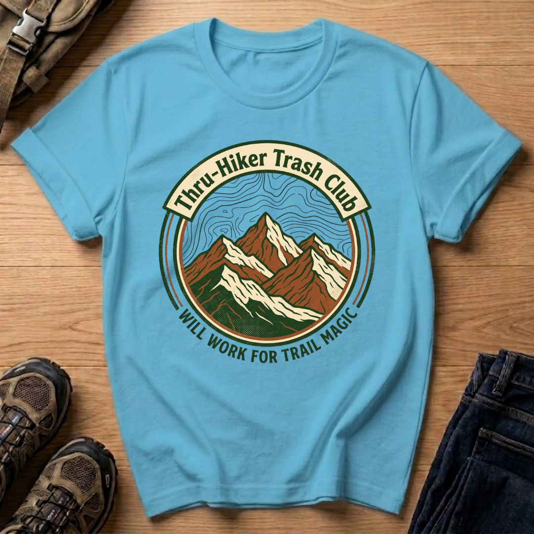 Thru‑Hiker Trash Club T-Shirt — 'Will Work for Trail Magic' Hiking Tee