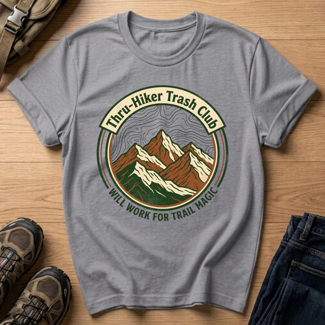 Thru‑Hiker Trash Club T-Shirt — 'Will Work for Trail Magic' Hiking Tee