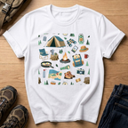 Camping Gear Graphic T‑Shirt — Outdoor Camping Icons Tee (tent, campfire, lantern)